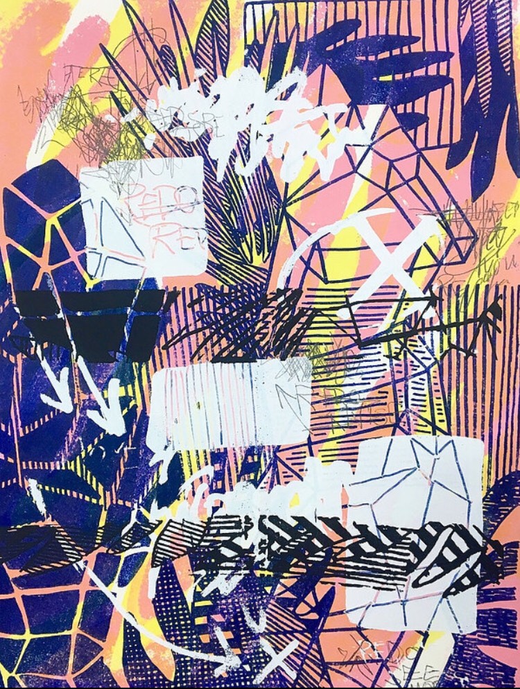 Abstract artwork with a vibrant mix of geometric shapes, lines, and colors including pink, yellow, blue, and white. The composition features overlapping patterns and scribbles, creating a dynamic and energetic visual effect.