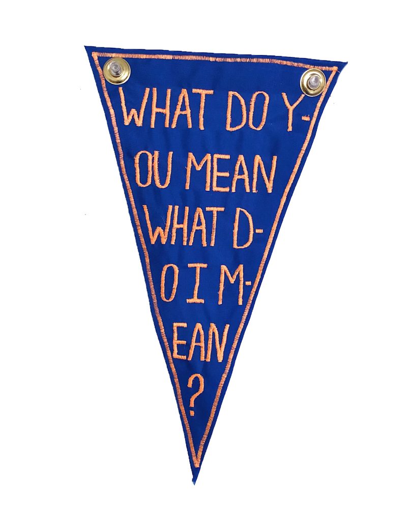 A blue triangular pennant with orange text that reads, WHAT DO Y-OU MEAN WHAT D-O I M-EAN? There are two metal grommets at the top corners.