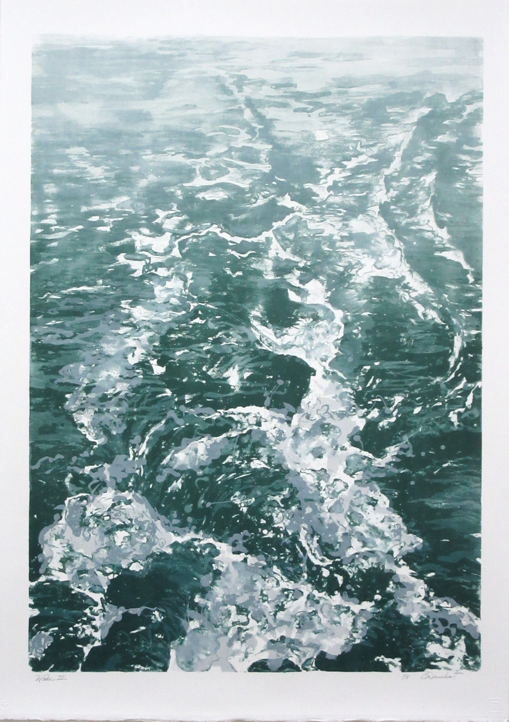 An abstract artwork depicting ocean waves in shades of blue and white. The waves create a dynamic, swirling pattern, capturing the movement and texture of water. The composition is vertical, focusing on the surface of the sea.