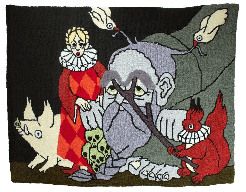 A whimsical tapestry showcasing an ogre with a bushy mustache, flanked by two white, winged creatures. Nearby, a red fox in a ruffled collar and the ogres beautiful daughter in a red diamond-patterned dress complete this enchanting scene.