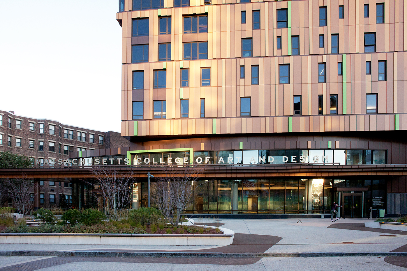 MassArt's Treehouse at sunset, Massachusetts College of Art and Design sign