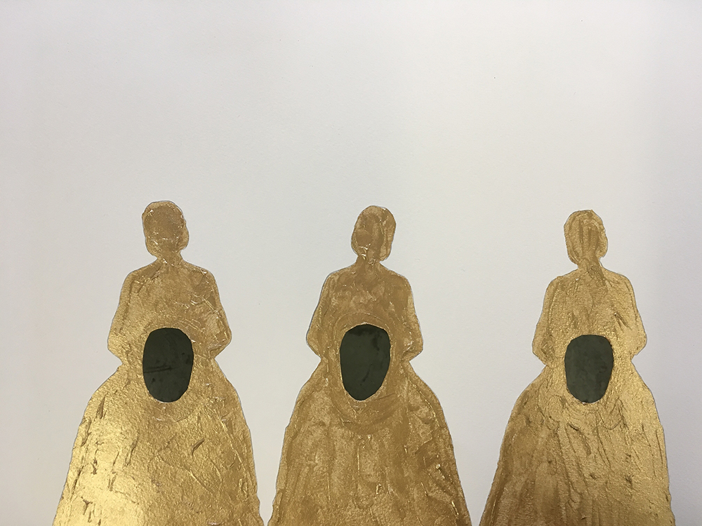 Adriana Katzew. From the series "The Bea Project," 2017. Acrylic on paper and archival inkjet print. Courtesy of the artist. Three female silhouettes in gold with a black void in their middles