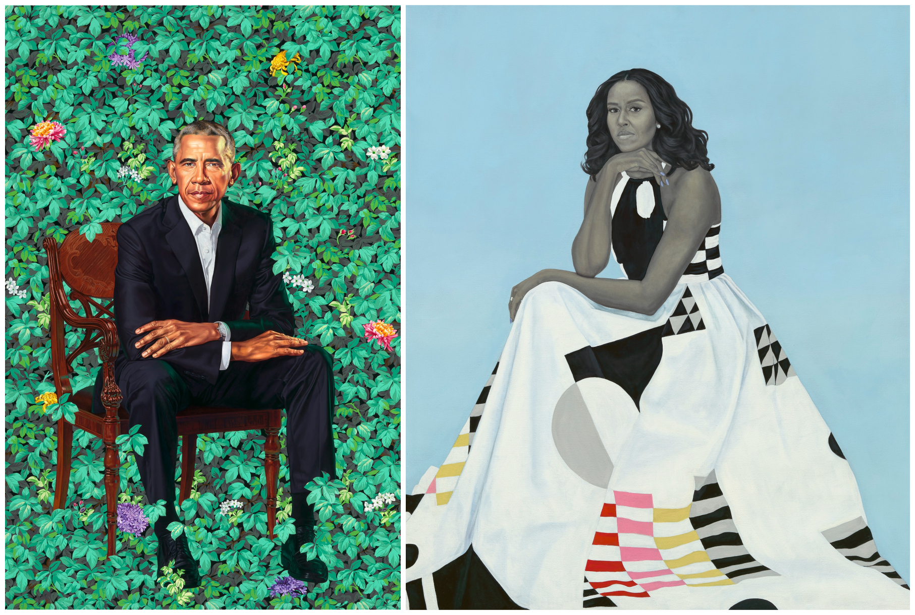 Left: Kehinde Wiley, "Barack Obama," 2018. Right: Amy Sherald, "Michelle LaVaughn Robinson Obama," 2018. (Courtesy of the Smithsonian's National Portrait Gallery and Museum of Fine Arts, Boston) Left: Kehinde Wiley, "Barack Obama," 2018. Right: Amy Sherald, "Michelle LaVaughn Robinson Obama," 2018. (Courtesy of the Smithsonian's National Portrait Gallery and Museum of Fine Arts, Boston)