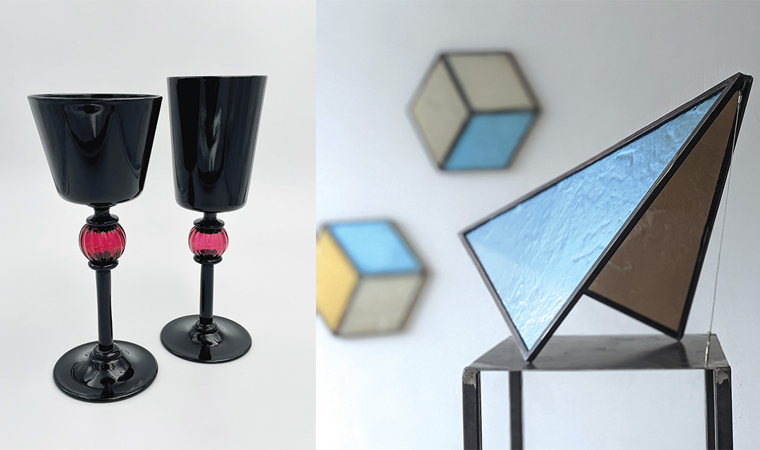 Left: A pair of black goblets by Josh Bernbaum. Right: Adam Goldberg’s “Gnomon.”