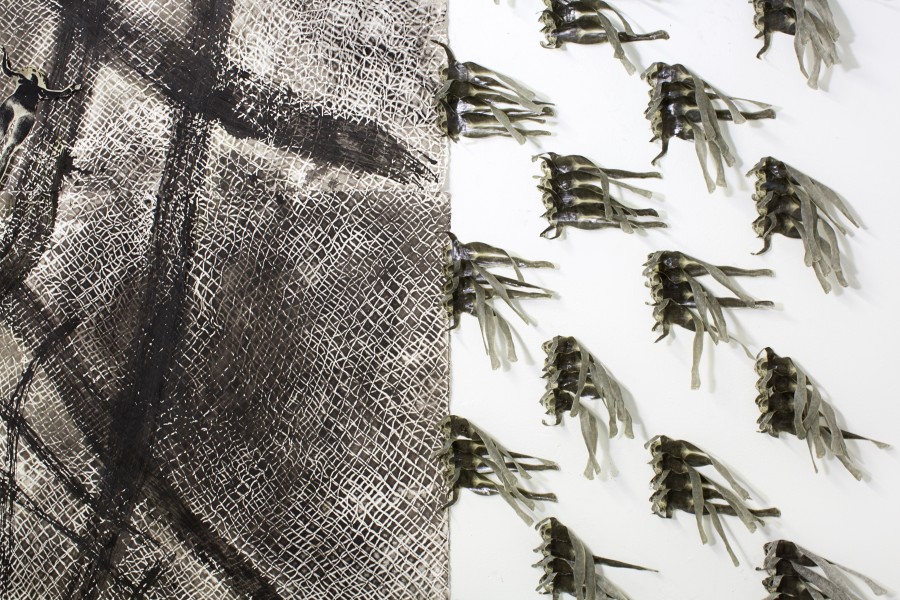 Trawling for Requirements, 2020, blind embossed fishing net on Rives BFK paper, charcoal, India ink and silkscreen. 90 x 188”. Trawling for Requirements, 2020, blind embossed fishing net on Rives BFK paper, charcoal, India ink and silkscreen. 90 x 188”.