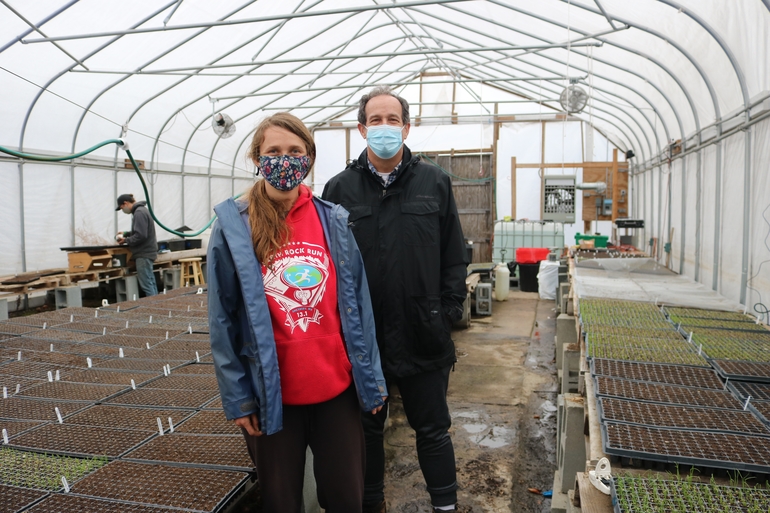 Farmer Tim's Vegetables Owner Tim Carroll and Farm Manager Katie Bekel in one of their greenhouses in Dudley Farmer Tim's Vegetables Owner Tim Carroll and Farm Manager Katie Bekel in one of their greenhouses in Dudley