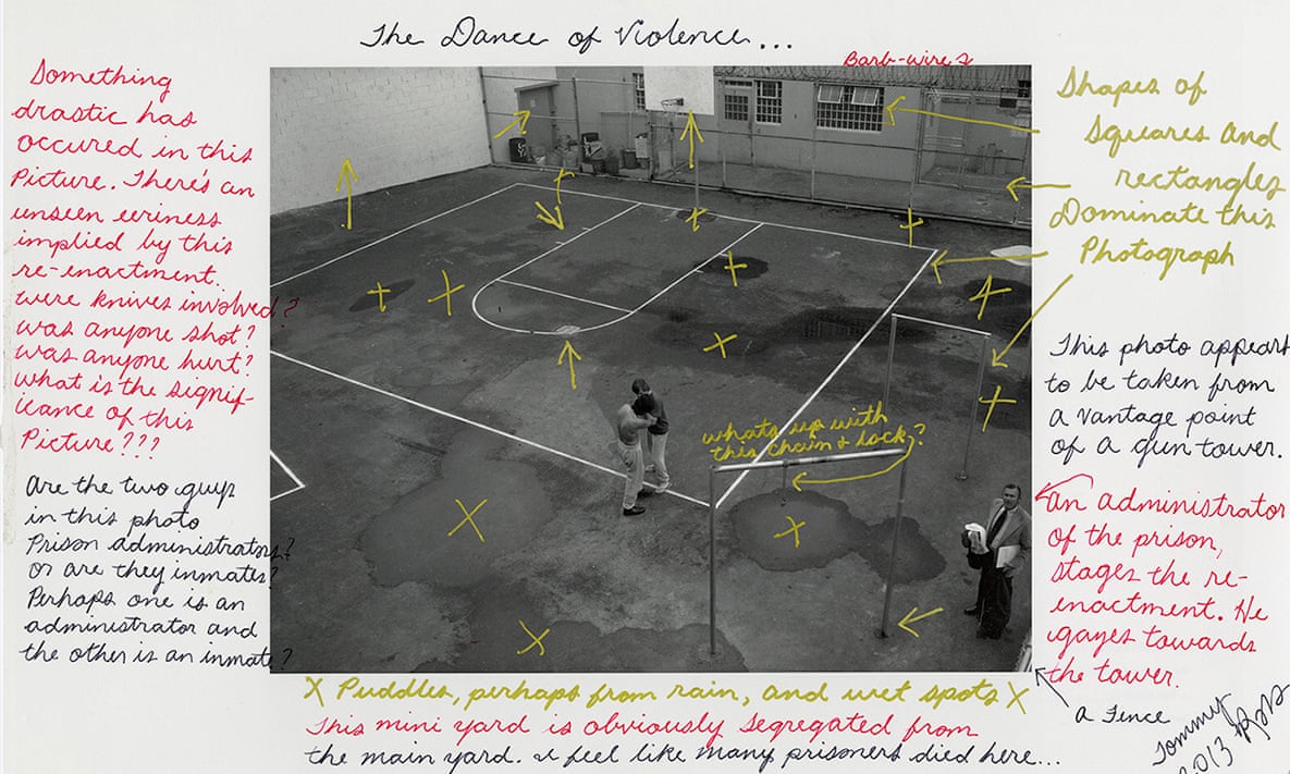 San Quentin Basketball Court, Annotated Photo A basketball court is stained with blood in a 1975 image. ‘I feel like many prisoners died here,’ noted Tommy Shakur Ross, who is incarcerated.